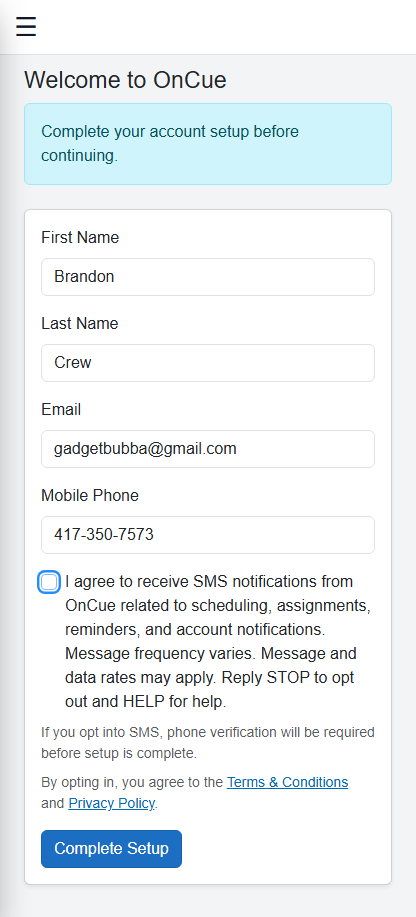 User enters phone number during onboarding