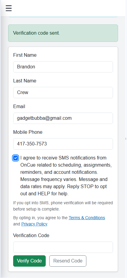 User verifies phone number with code